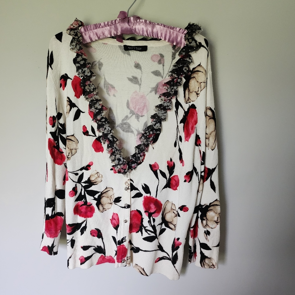 White House Black Market Floral Ruffle Sweater